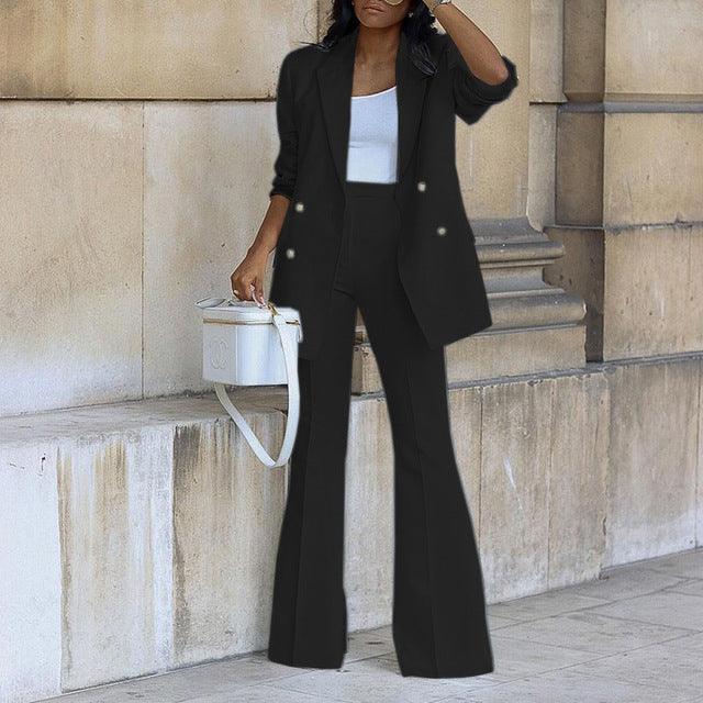 Damen-Zweiteiler mit Doppelreihigem Blazer und Schlaghose