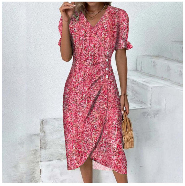 Damen-Midi-Kleid mit Druck Wickelstil und V-Ausschnitt
