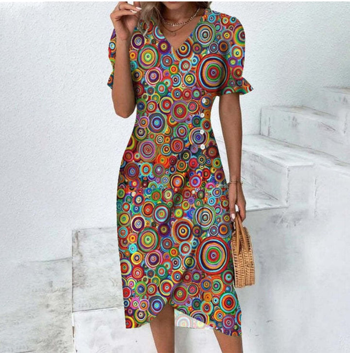 Damen-Midi-Kleid mit Druck Wickelstil und V-Ausschnitt