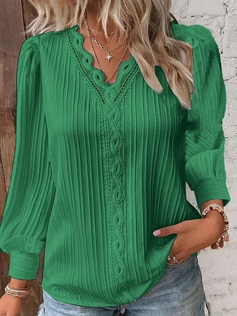 Damen Lang Puffärmeln Bluse mit V-Ausschnitt and Spitzenbesatz