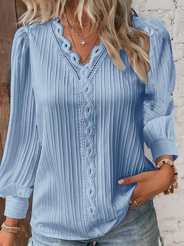 Damen Lang Puffärmeln Bluse mit V-Ausschnitt and Spitzenbesatz