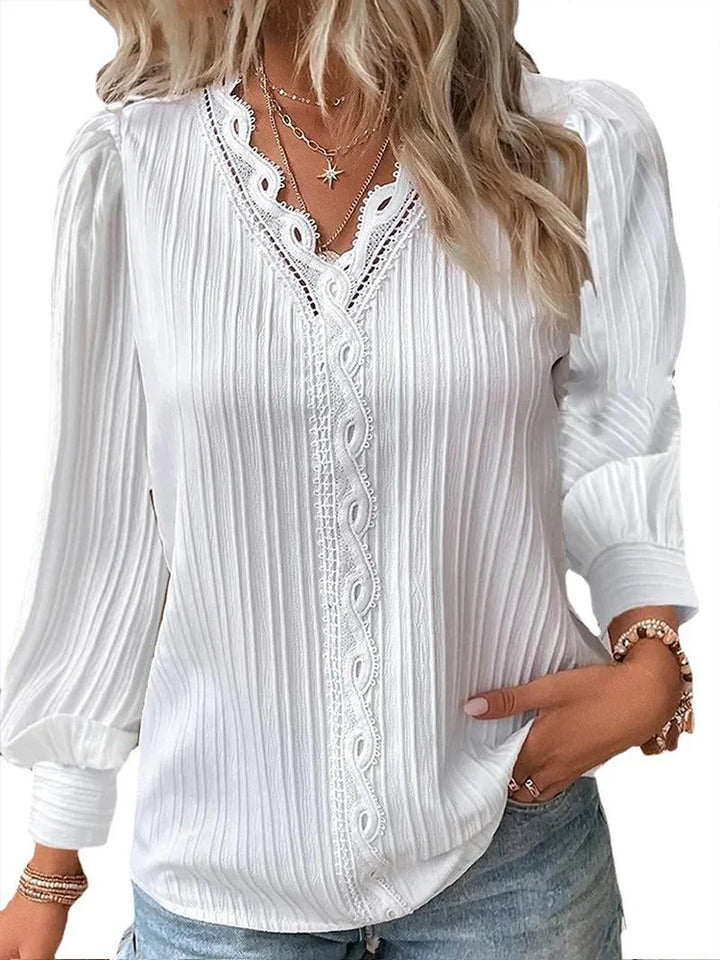 Damen Lang Puffärmeln Bluse mit V-Ausschnitt and Spitzenbesatz