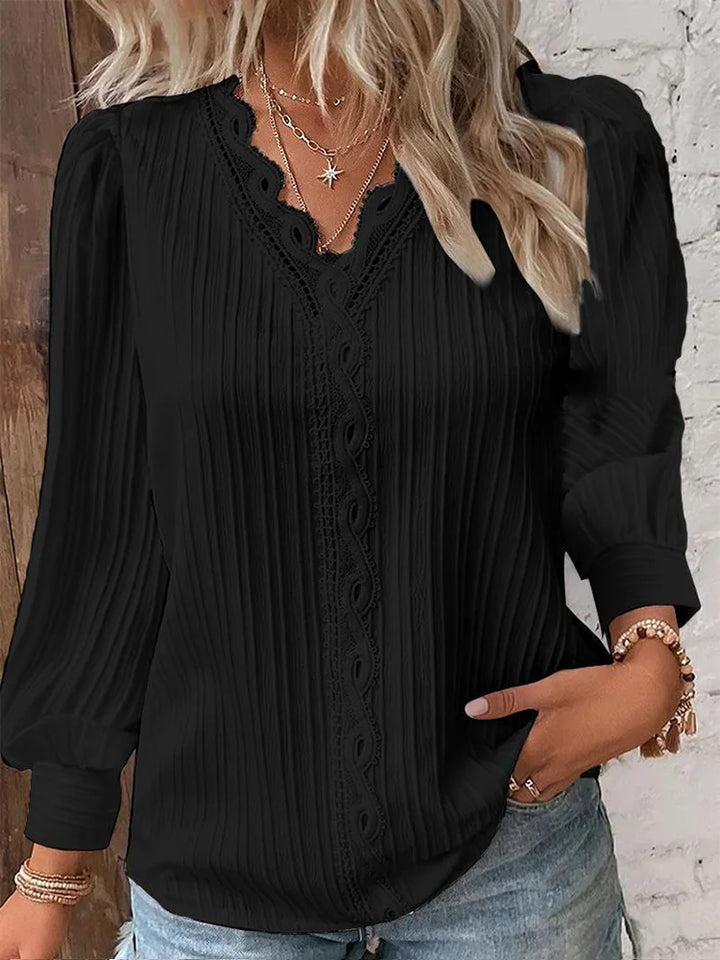 Damen Lang Puffärmeln Bluse mit V-Ausschnitt and Spitzenbesatz