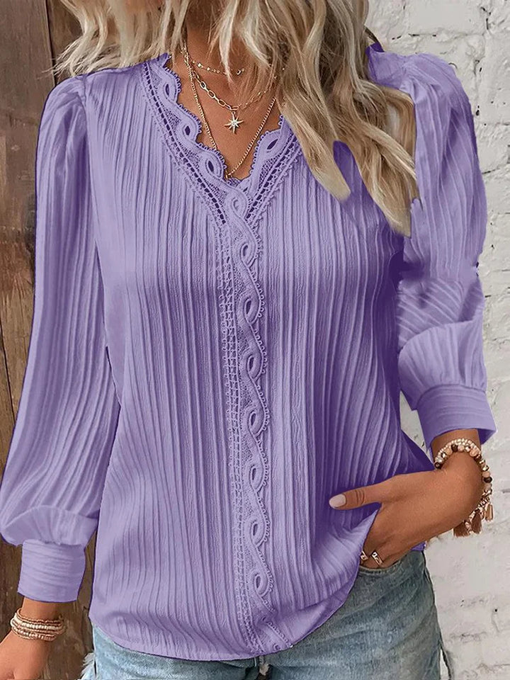 Damen Lang Puffärmeln Bluse mit V-Ausschnitt and Spitzenbesatz