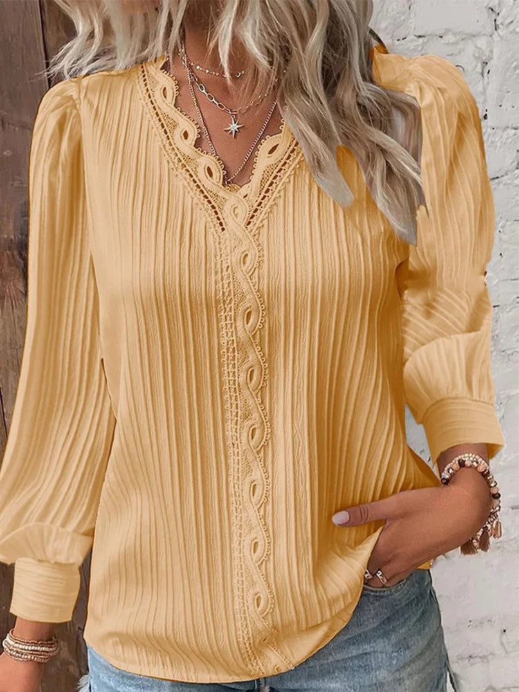 Damen Lang Puffärmeln Bluse mit V-Ausschnitt and Spitzenbesatz