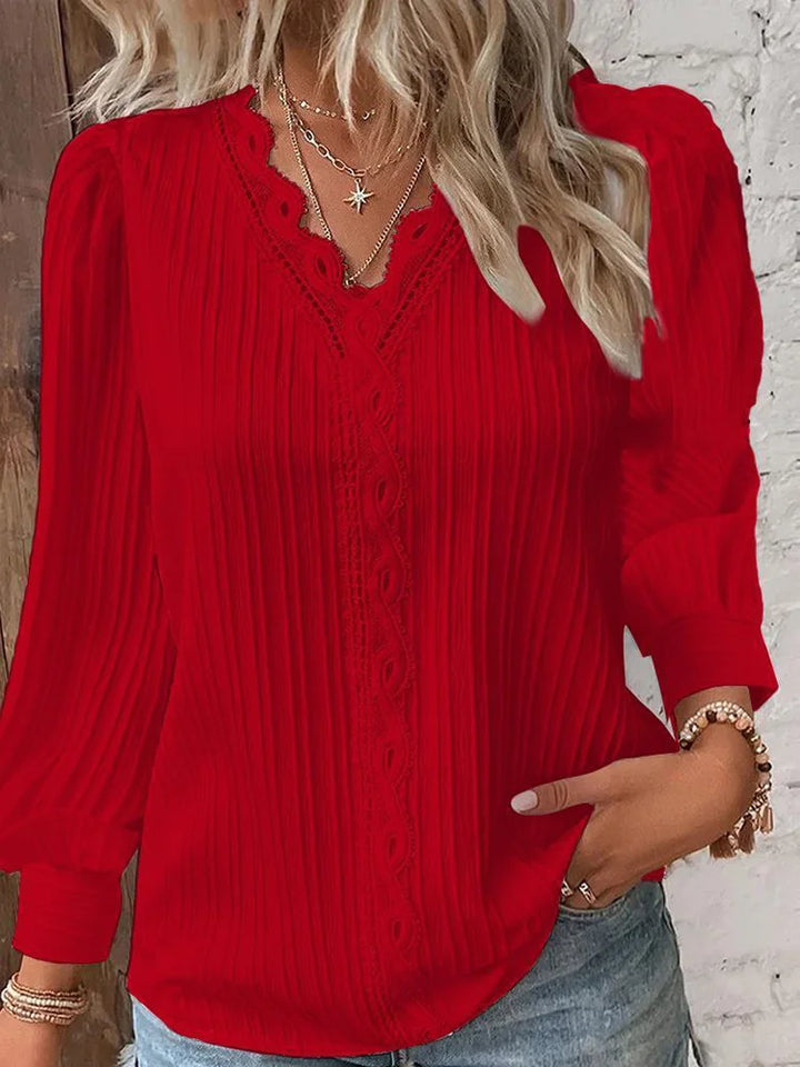 Damen Lang Puffärmeln Bluse mit V-Ausschnitt and Spitzenbesatz