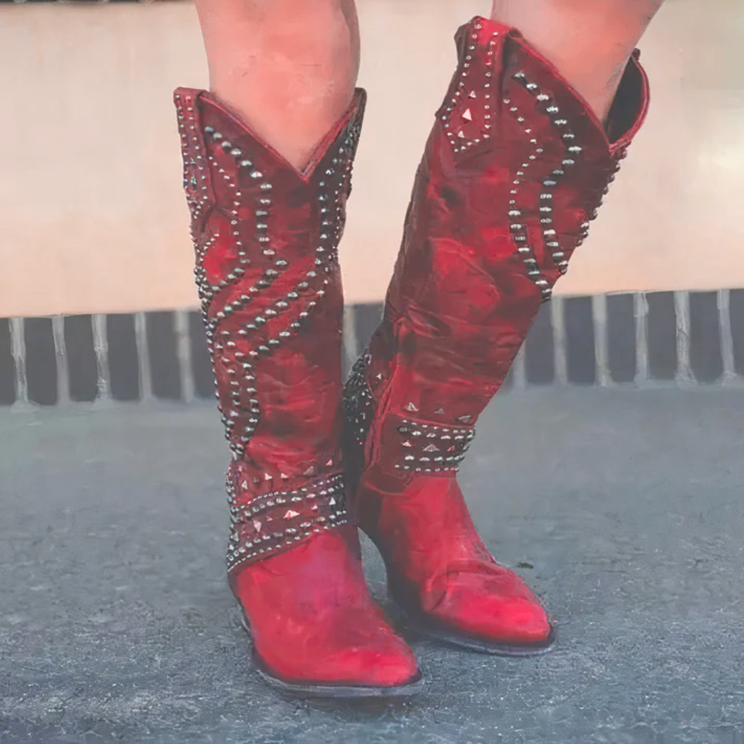 Kniehohe Cowboy-Stiefel Mit Blockabsatz Für Damen | Vintage