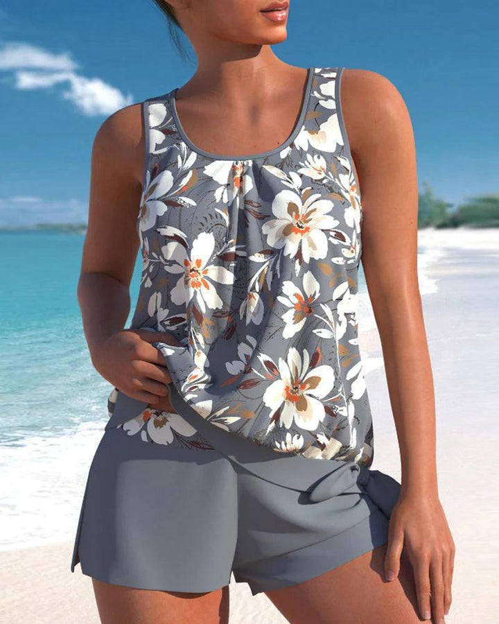 Damen Sommer Tankini-Set mit Blumenoberteil and Shorts