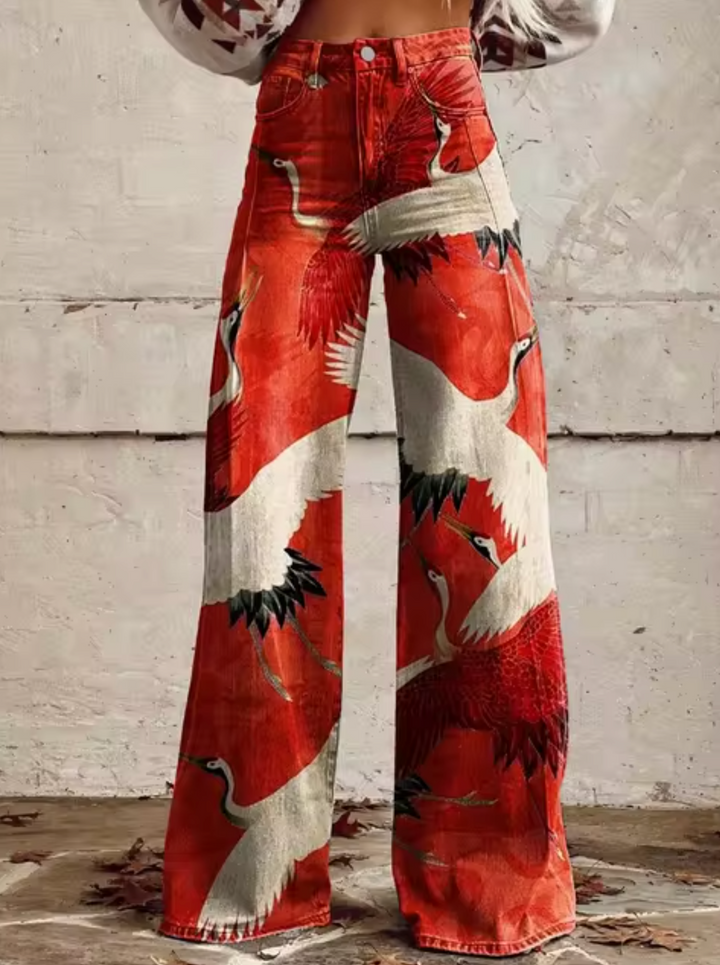 Damen-weite Jeans mit bedrucktem Design