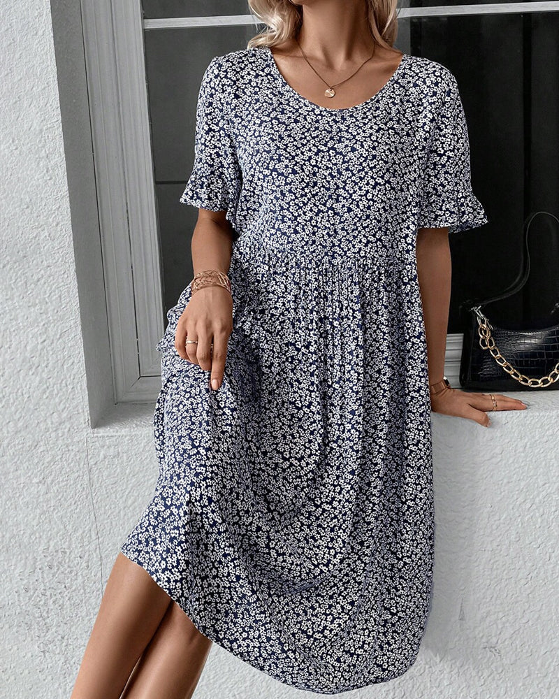 Damen-Midikleid mit Blumenmuster, Rundhalsausschnitt und Puffärmeln