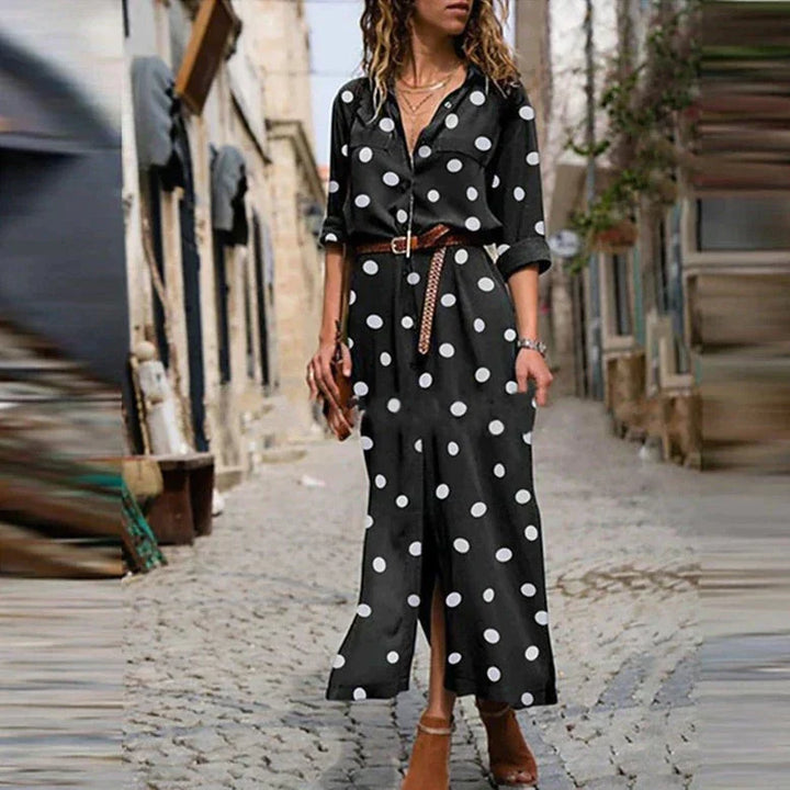 Damen Kleid mit Polka-Punkten Midi-Länge