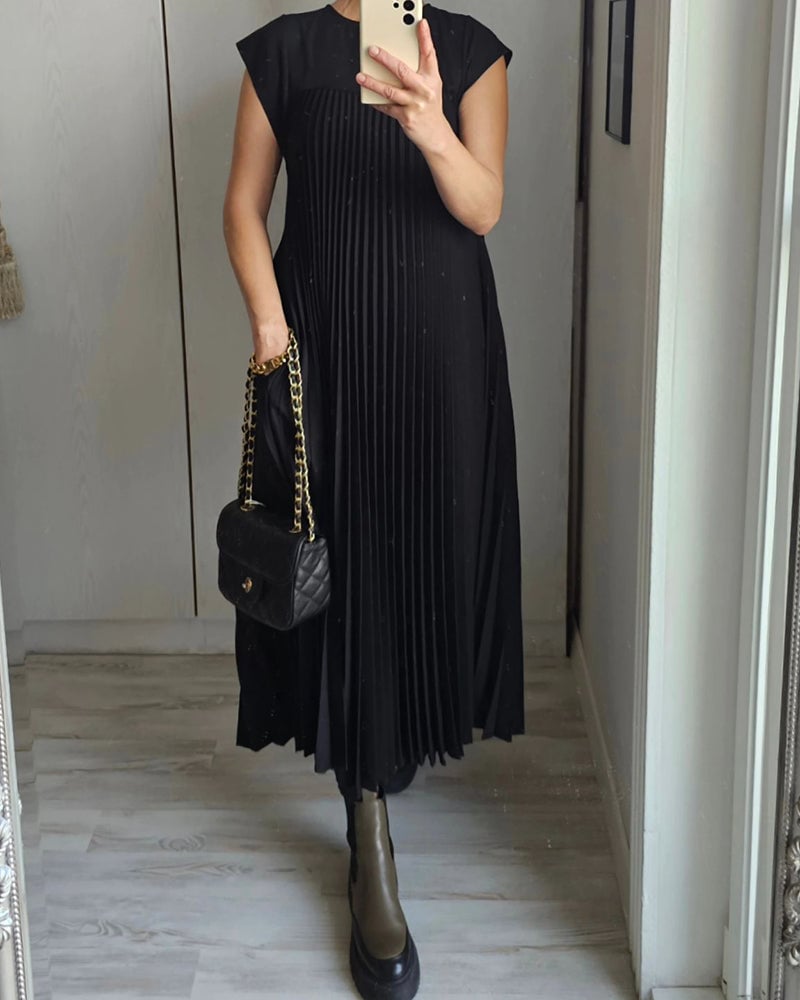 Damen-Midikleid mit Falten, Rundhalsausschnitt und kurzen Ärmeln