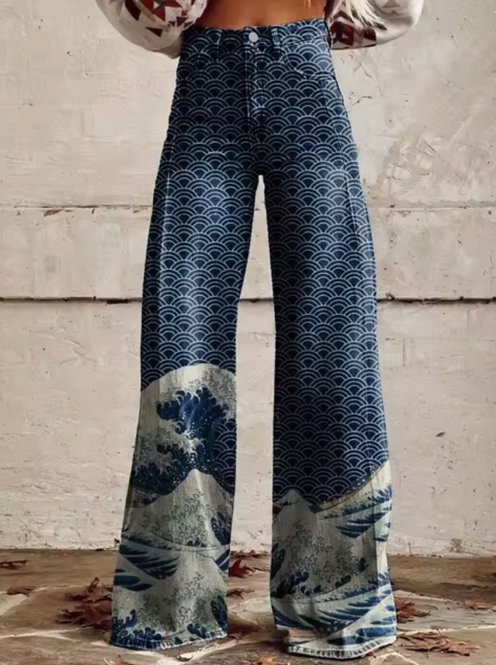 Damen-weite Jeans mit bedrucktem Design