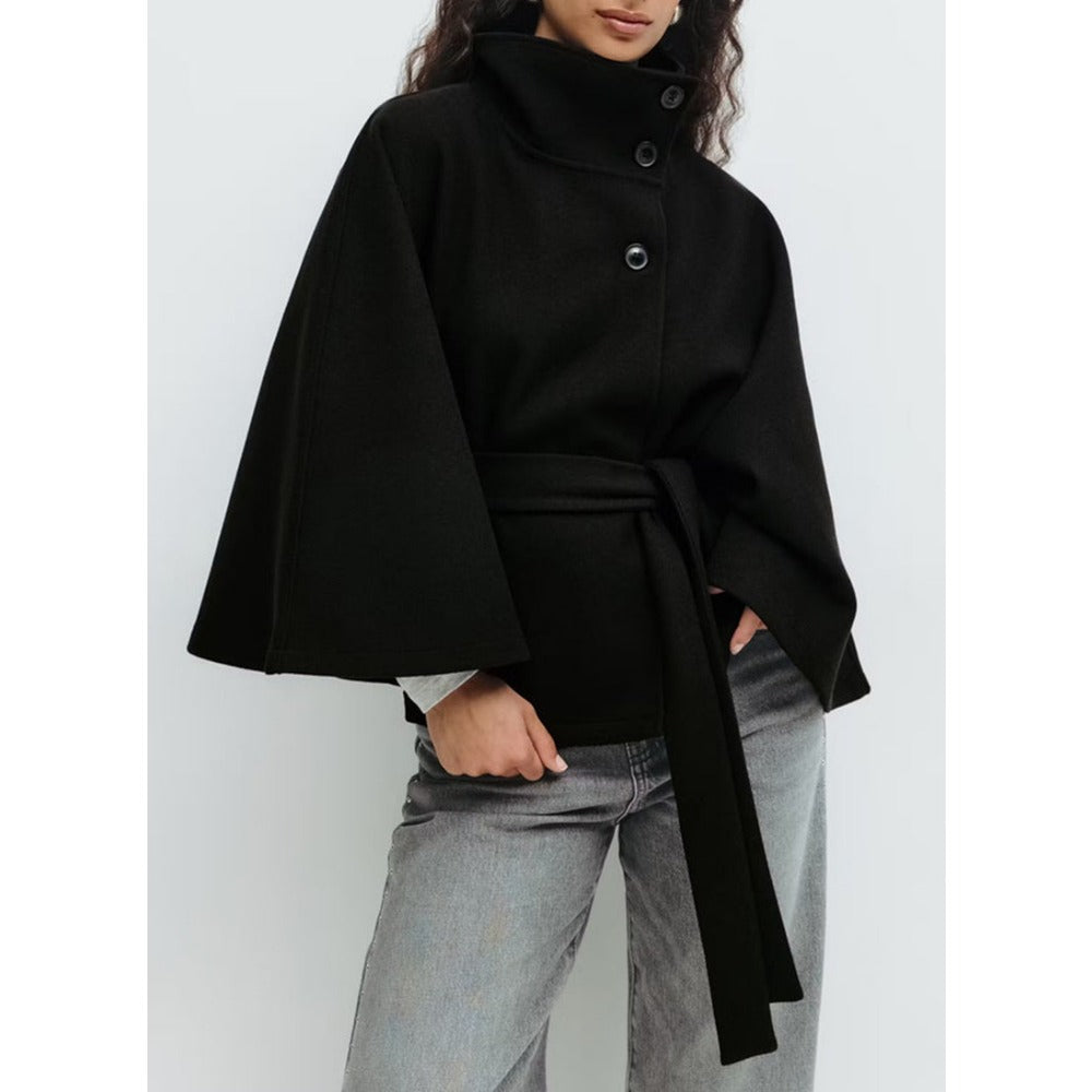 Damen Cape-Mantel Mit Gürtel Und Hohem Kragen | Stylischer Ärmel