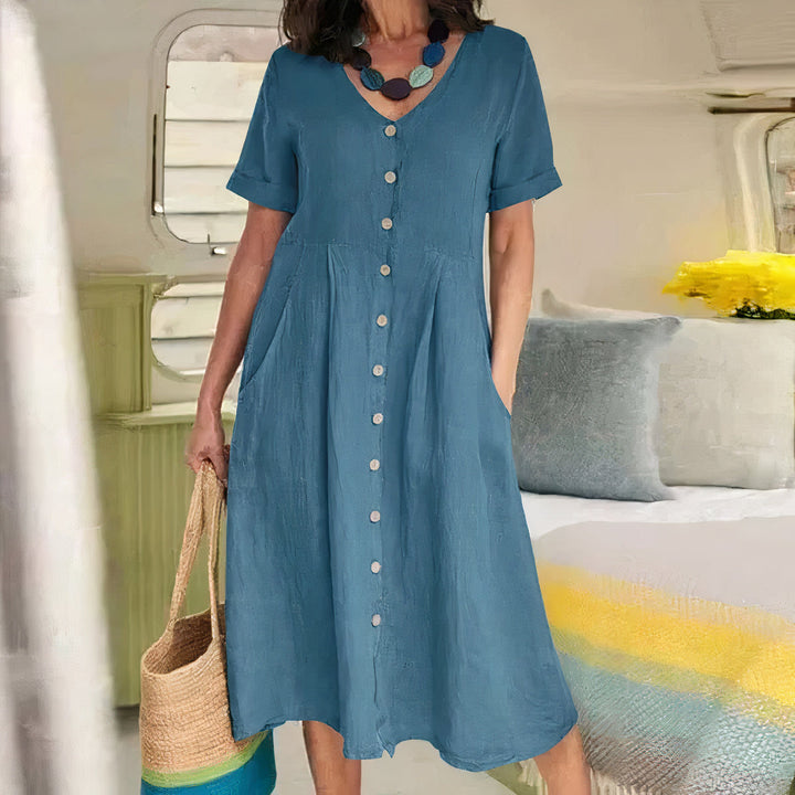 Damen Knopf-Front Midikleid