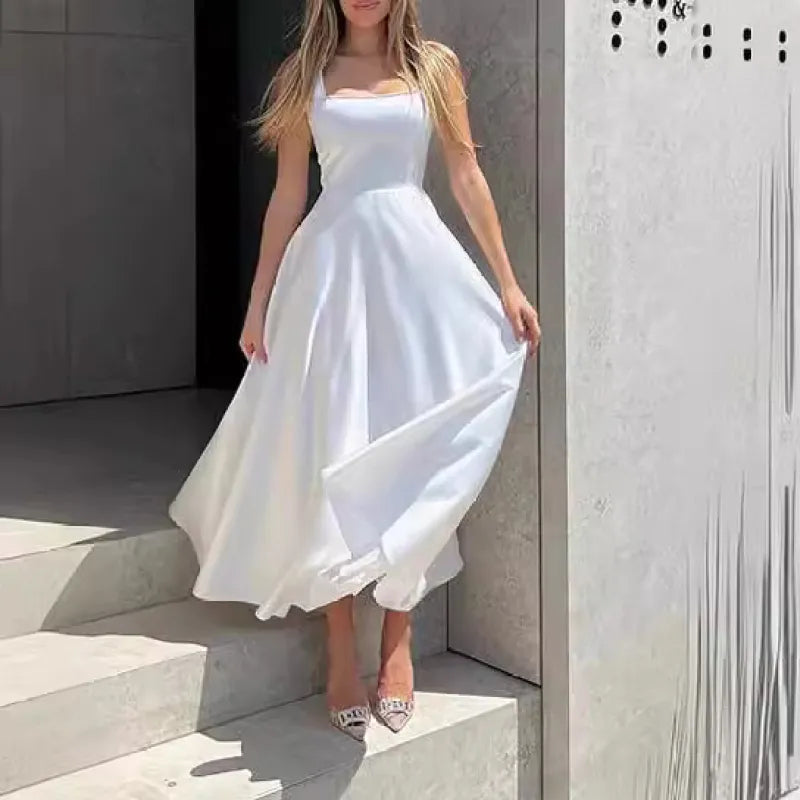 Damen Sommer Cocktailkleid mit Quadratischem Ausschnitt and Ärmellos