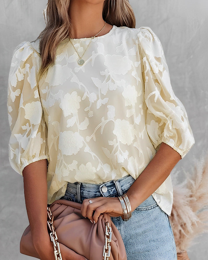 Damen Sommerbluse mit Floralem Jacquardmuster und Puffärmeln