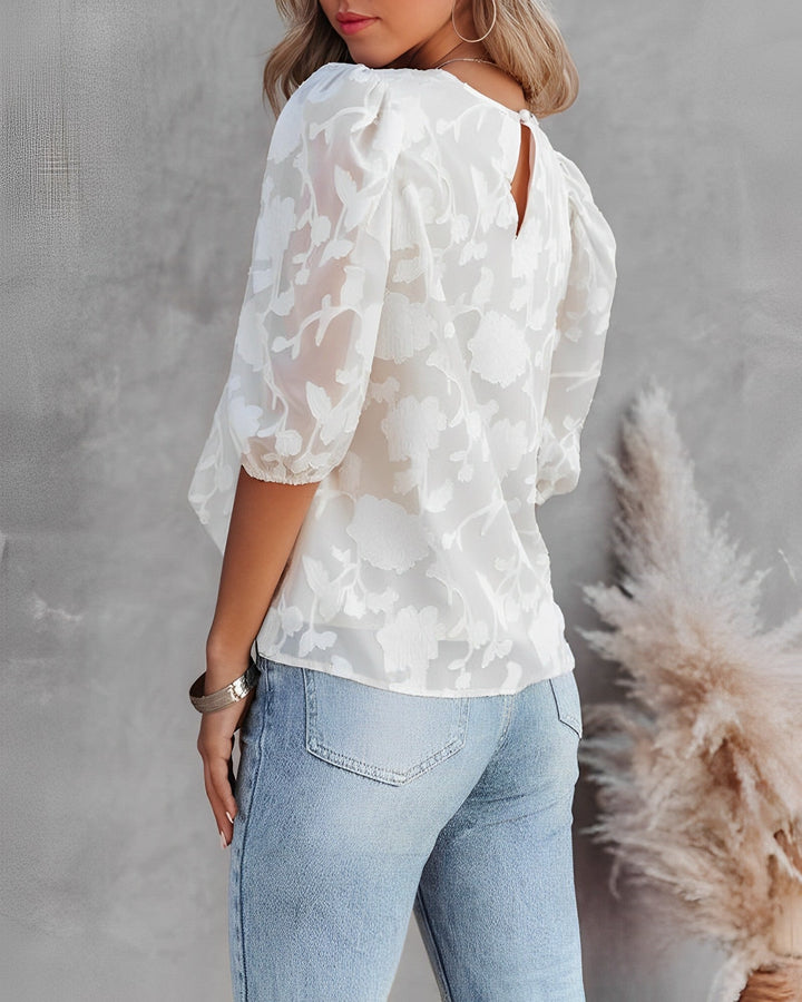 Damen Sommerbluse mit Floralem Jacquardmuster und Puffärmeln