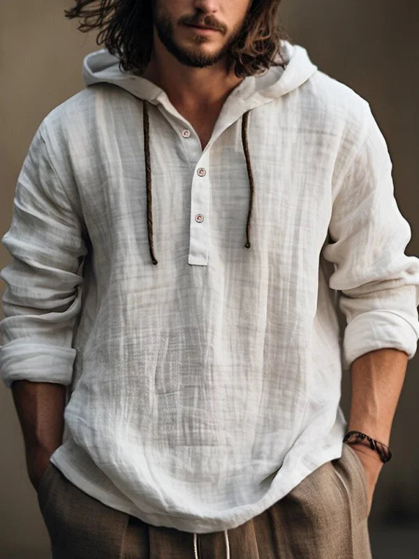 Herren Langarm-Linnen-Sweatshirt mit Kapuze und Knopfleiste