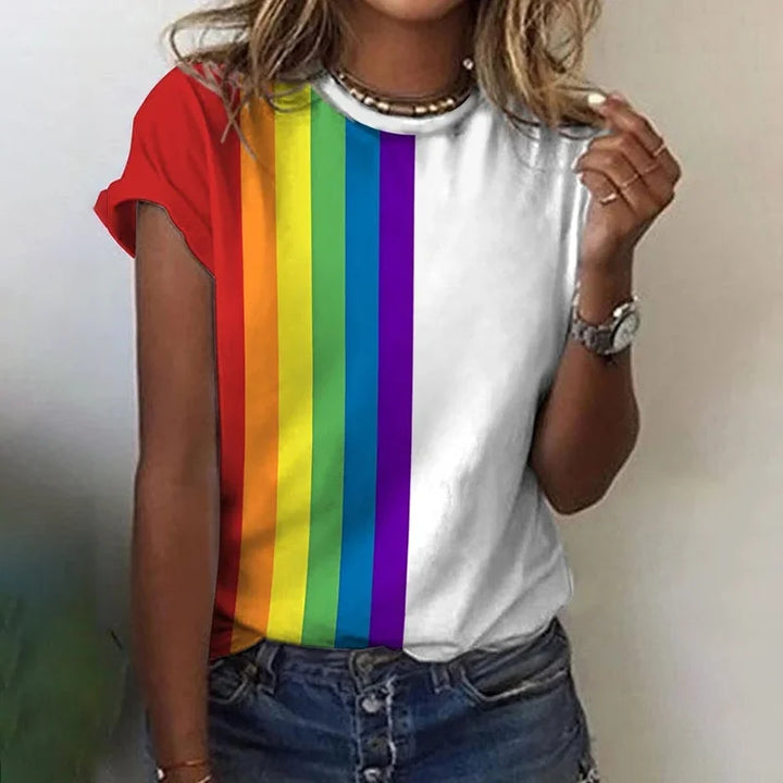 Damen Sommerbluse mit Regenbogen-Print and Hochgekrempelten Kurzen Ärmeln