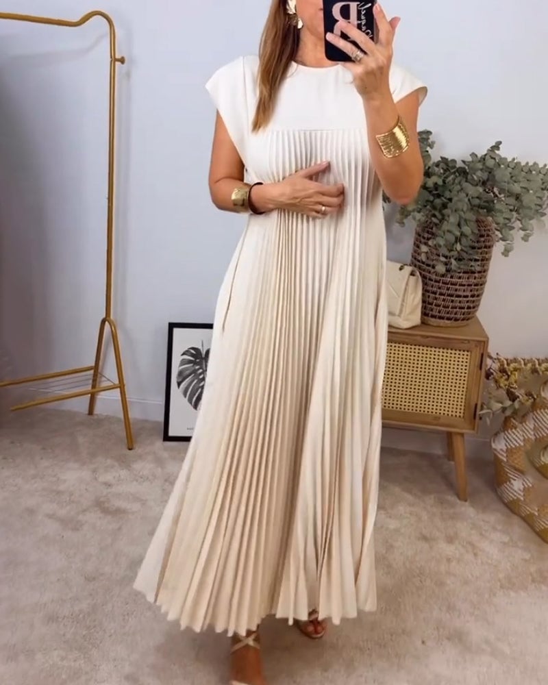 Damen-Midikleid mit Falten, Rundhalsausschnitt und kurzen Ärmeln