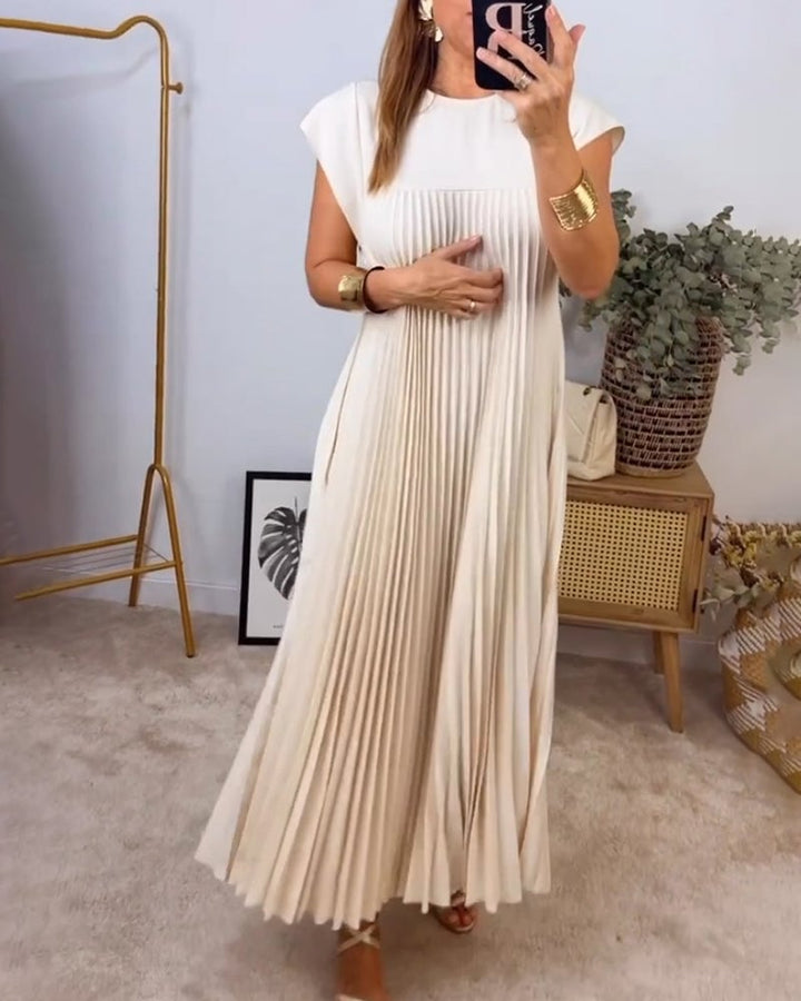 Damen-Midikleid mit Falten, Rundhalsausschnitt und kurzen Ärmeln