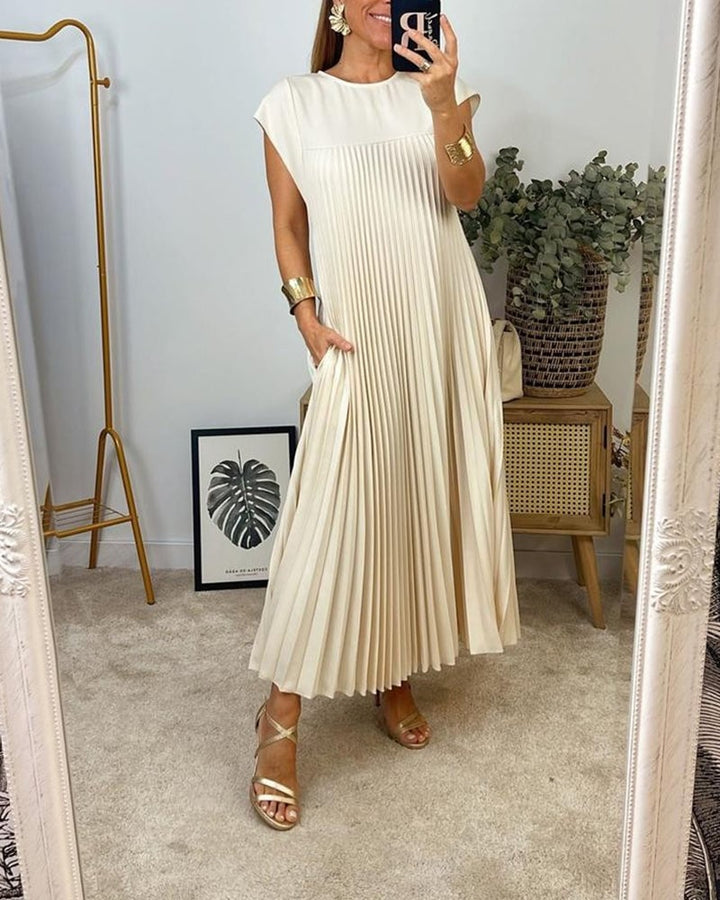 Damen-Midikleid mit Falten, Rundhalsausschnitt und kurzen Ärmeln