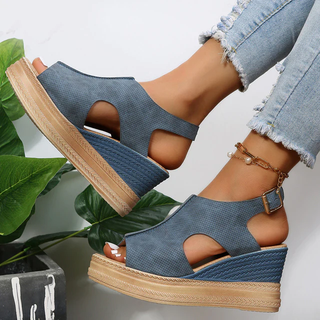 Offene Wedge-Sandalen für Damen mit Textur-Obermaterial