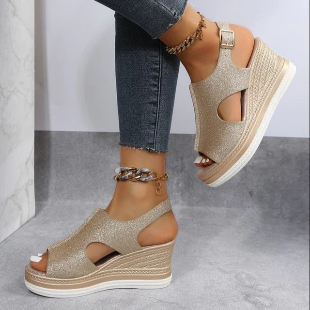 Offene Wedge-Sandalen für Damen mit Textur-Obermaterial