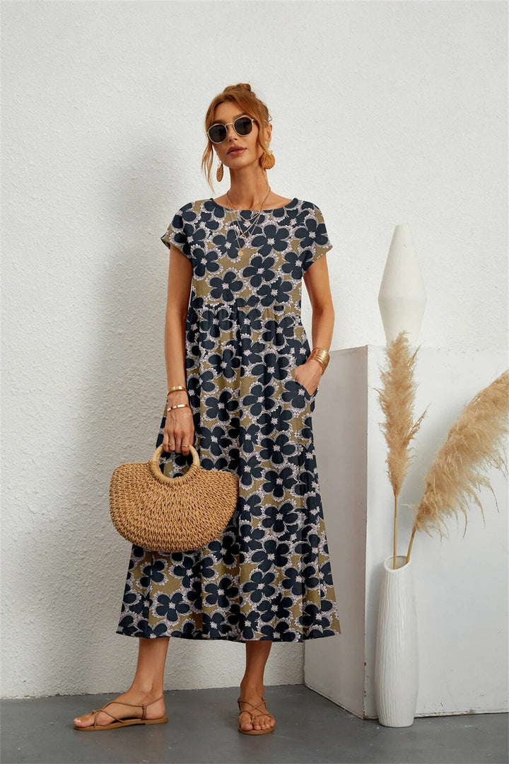 Damen Sommer Midikleid mit Blumenmuster and Taschen