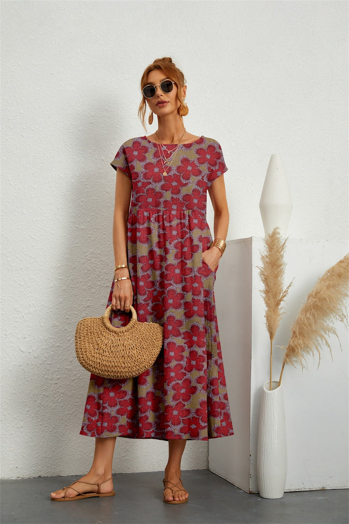Damen Sommer Midikleid mit Blumenmuster and Taschen