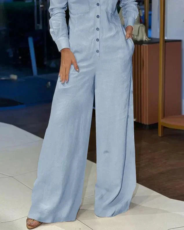 Damen-Leinenoverall mit Weitem Bein und Knopfleiste