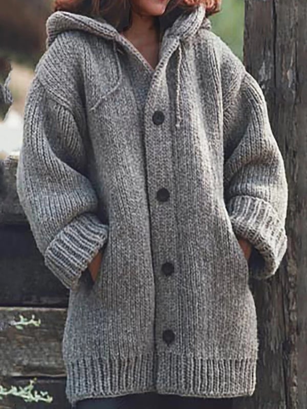 Langer Damen Cardigan Mit Kapuze | Mit Knöpfen