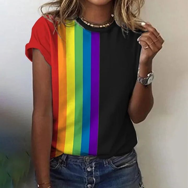 Damen Sommerbluse mit Regenbogen-Print and Hochgekrempelten Kurzen Ärmeln