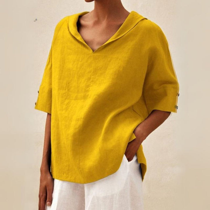 Damen Sommerbluse mit V-Ausschnitt and Ellbogenhöhe Knopf Ärmeln