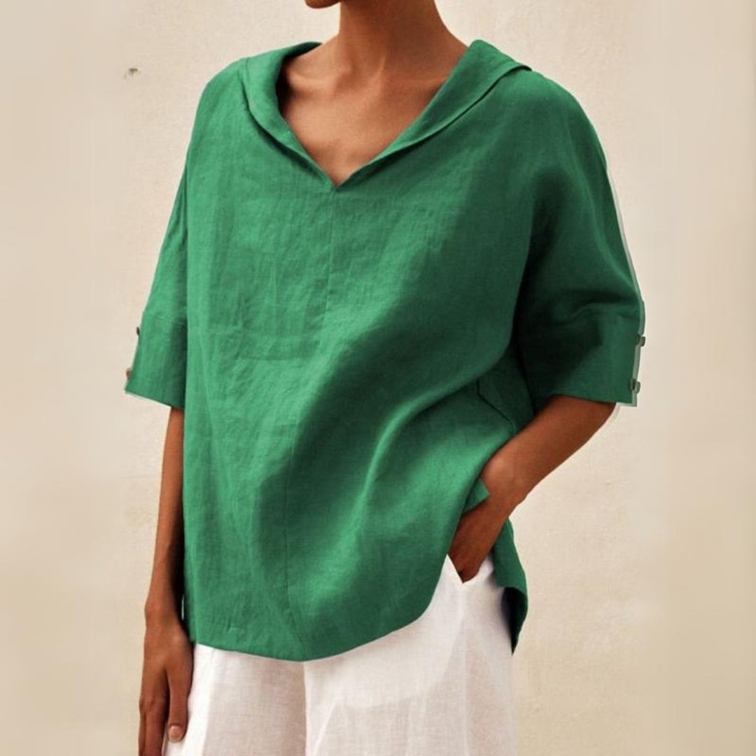 Damen Sommerbluse mit V-Ausschnitt and Ellbogenhöhe Knopf Ärmeln