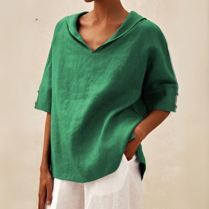 Damen Sommerbluse mit V-Ausschnitt and Ellbogenhöhe Knopf Ärmeln