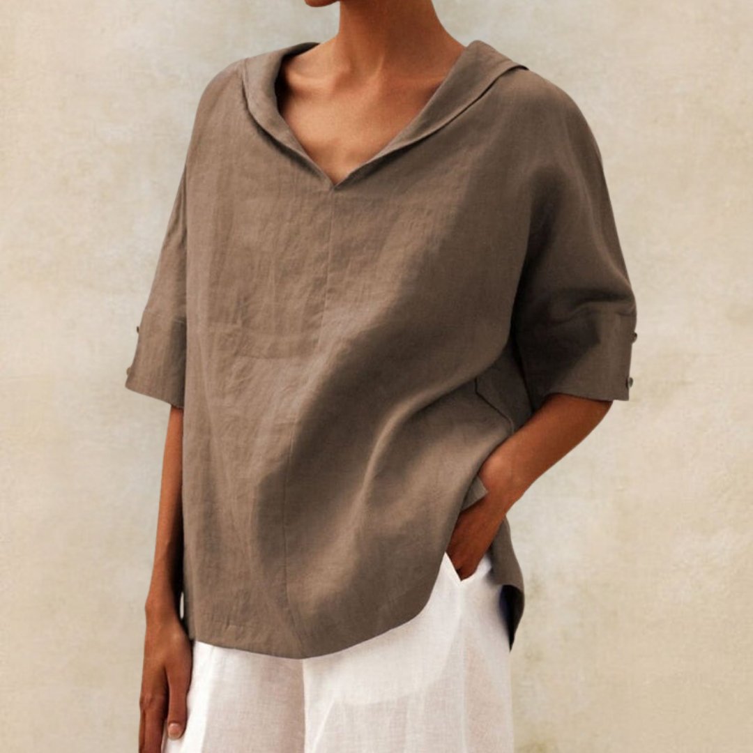 Damen Sommerbluse mit V-Ausschnitt and Ellbogenhöhe Knopf Ärmeln