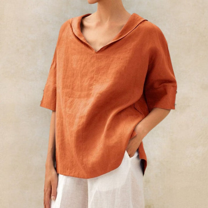 Damen Sommerbluse mit V-Ausschnitt and Ellbogenhöhe Knopf Ärmeln