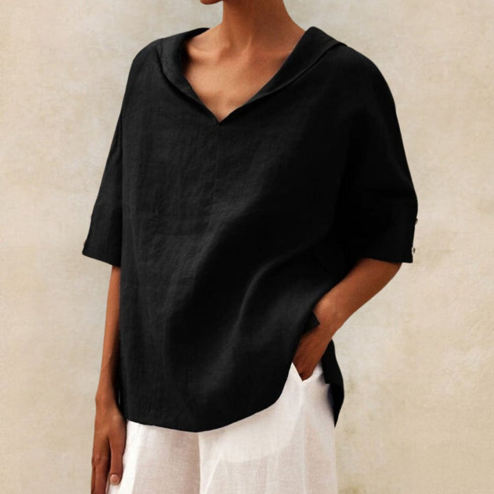 Damen Sommerbluse mit V-Ausschnitt and Ellbogenhöhe Knopf Ärmeln