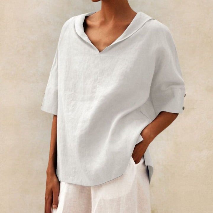 Damen Sommerbluse mit V-Ausschnitt and Ellbogenhöhe Knopf Ärmeln