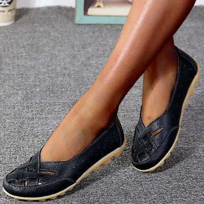 Damen Vegan-Leder Flache Schuhe mit perforiertem offenem Webmuster