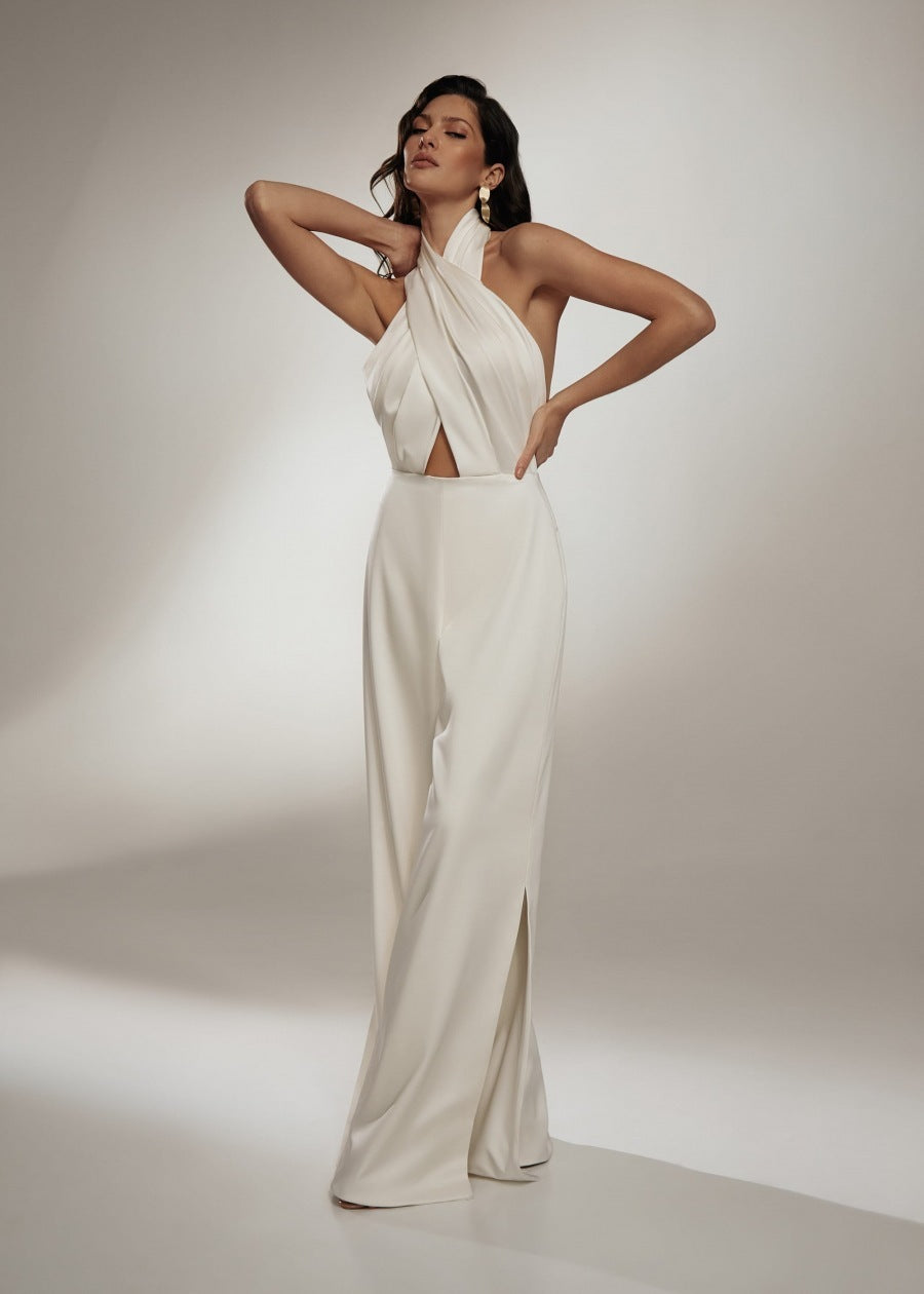 Damen Halter-Neck Jumpsuit mit Kreuzkragen