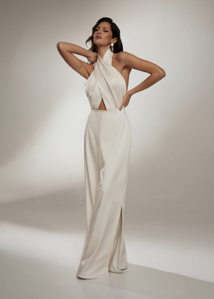 Damen Halter-Neck Jumpsuit mit Kreuzkragen