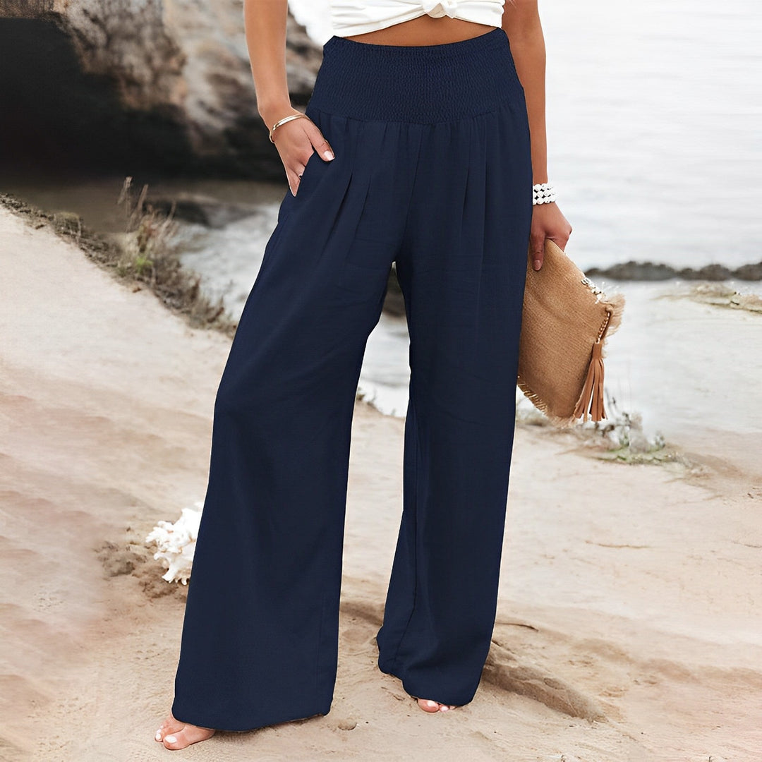 Damen Sommer Hoch Tailliert Hose mit Elastischem Bund and Taschen