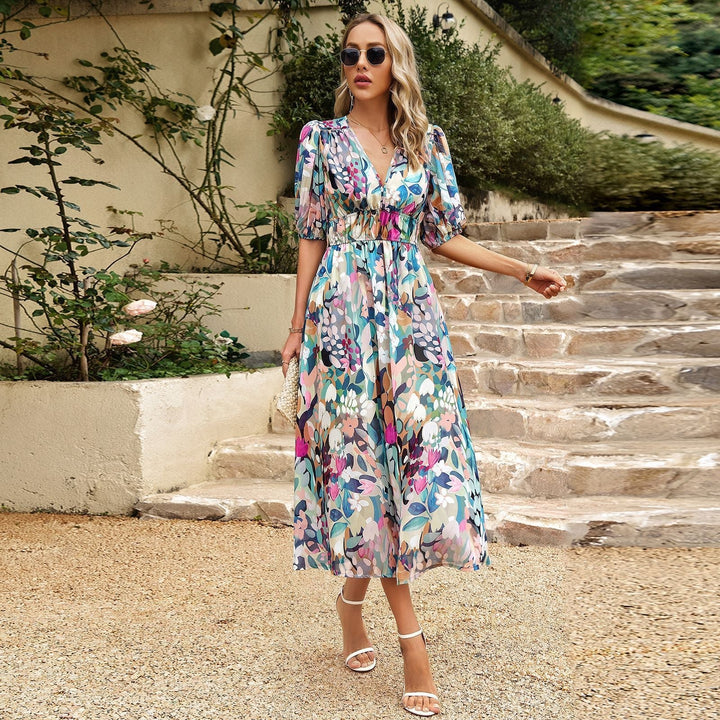 Damen Midikleid mit Abstract-Print und V-Ausschnitt