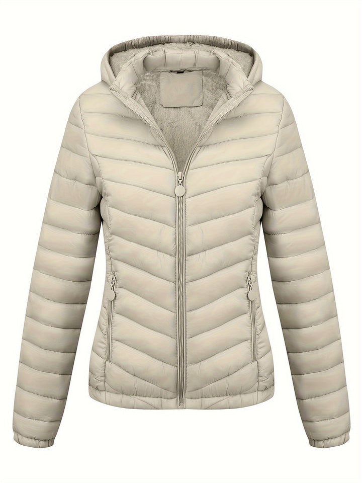 Moderne Pufferjacke Mit Reißverschluss Für Damen | Schräge Taschen