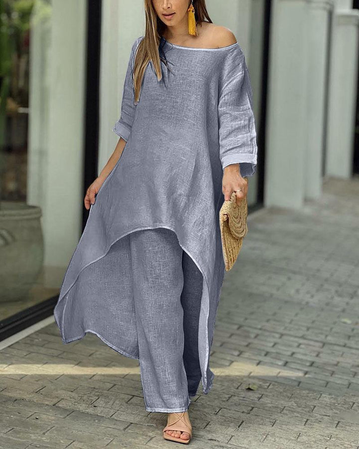 Damen-Freizeitset aus Leinen mit Dreiviertelärmeln und weiter Hose
