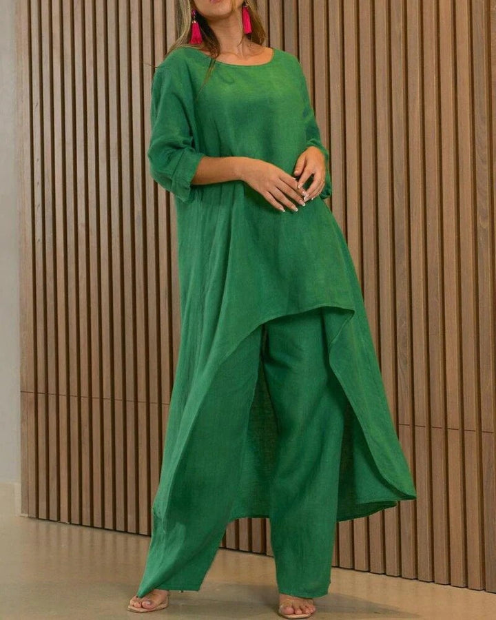 Damen-Freizeitset aus Leinen mit Dreiviertelärmeln und weiter Hose