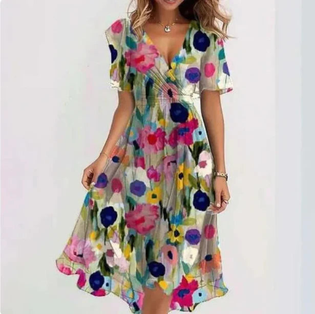 Damen Midi Wickelkleid mit Druck und Bindegürtel